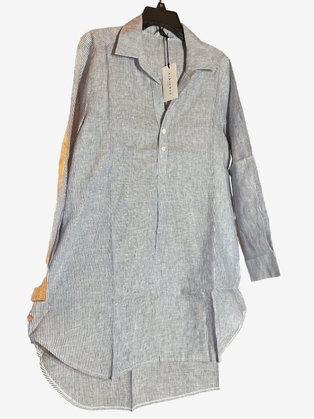 Harshman Tunic Dress Blue Mini-Stripes 100% Linen Long Sleeve Shirt Dress Large